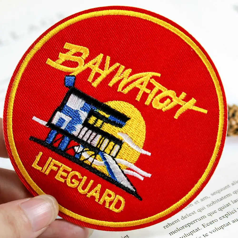 High quality Round baywatch lifeguard letter applique Embroidery patches badges iron on patch laser cut patches custom embroider