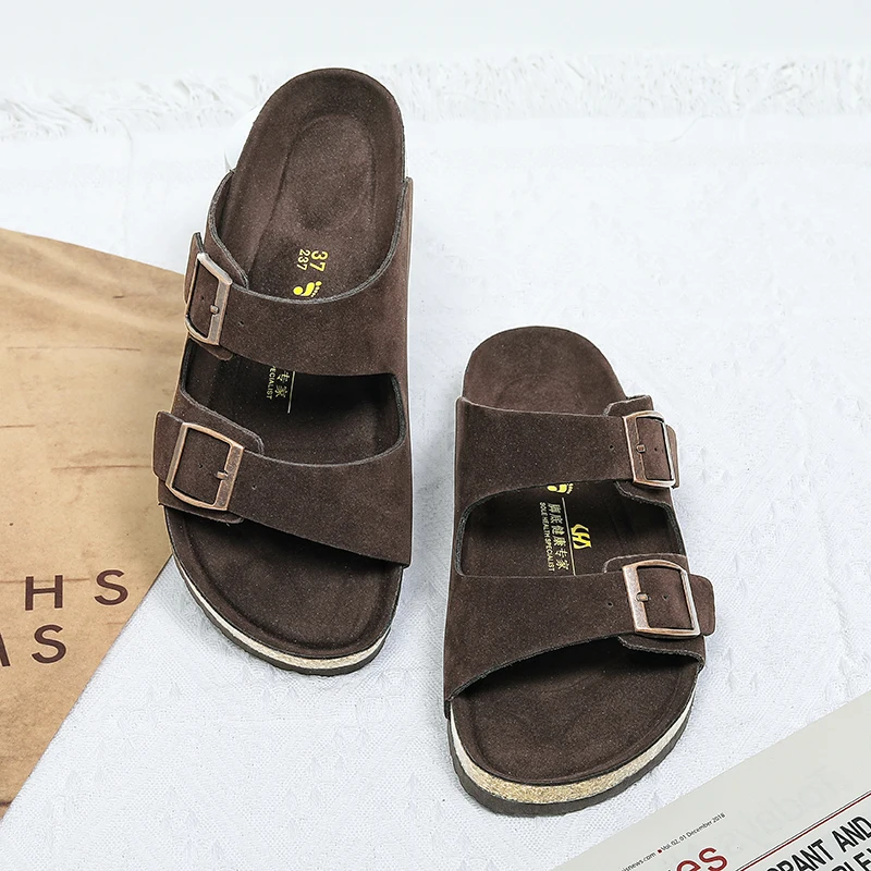 Greatslides Ladies Sandals With Buckle,Double-Buckle Leather Sandals,Slip On Cork Heel Sandals Or Hemp Heel Sandals