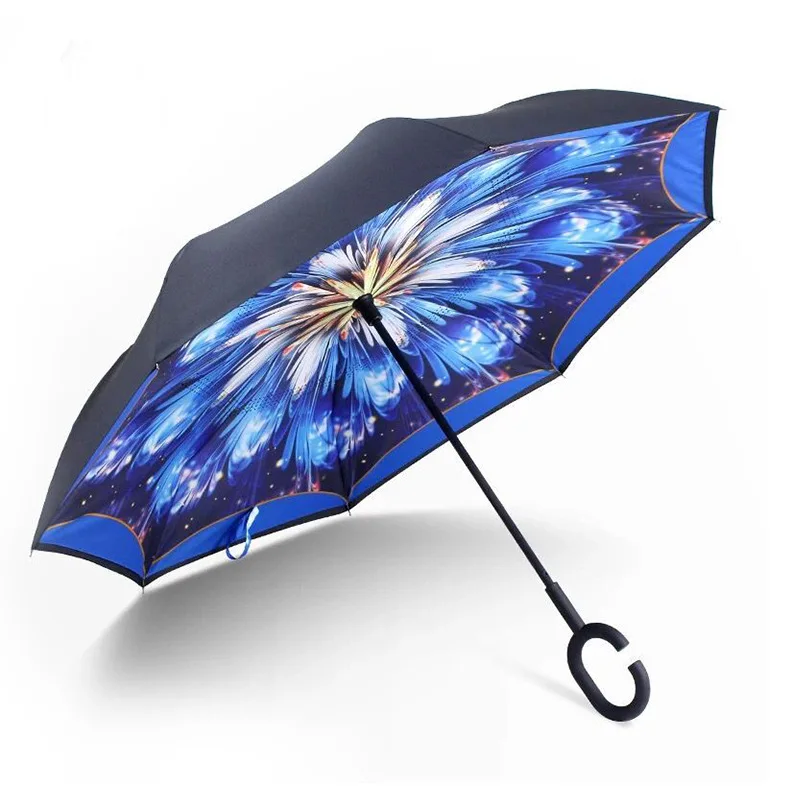 Wholesale black plastic ergonomic C shape handle double canopy inverted reverse umbrella with Navy and White Stripes Pattern