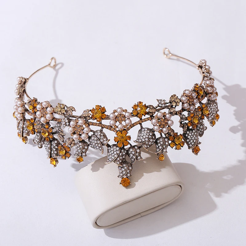Retro Style Colorful Floral Crown With Diamond Antique Gold Rhinestone Tiaras For Queens Pearls Bridal Hair Accessories Luxury