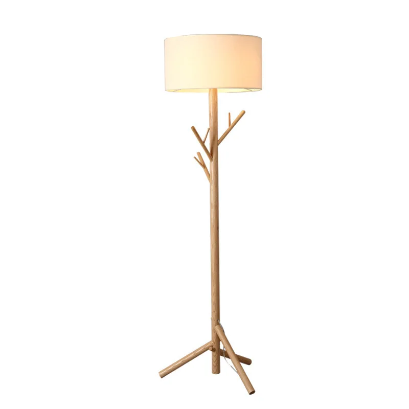 New Creative Trendy Fabric Shade Wooden Base Carved Hotel Wooden Branches LED Stand Floor Lamp  Living Room Luxury Night Light