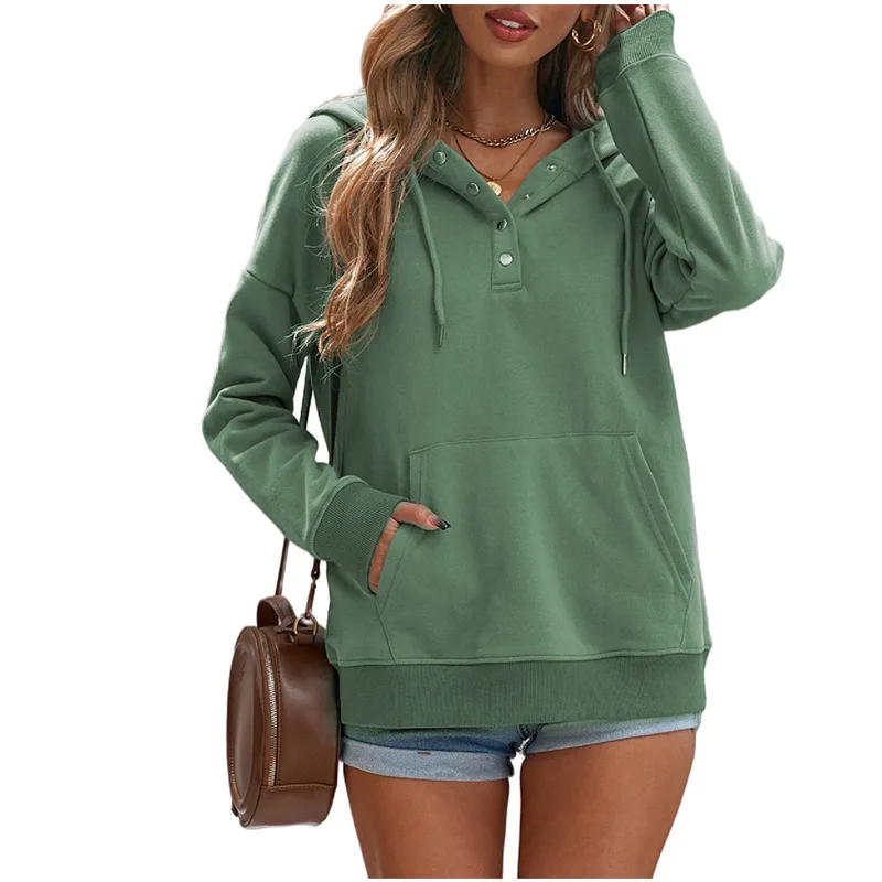 Womens Hooded Button Collar Drawstring Hoodies Pullover Sweatshirts Casual Long Sleeve Tops Shirts