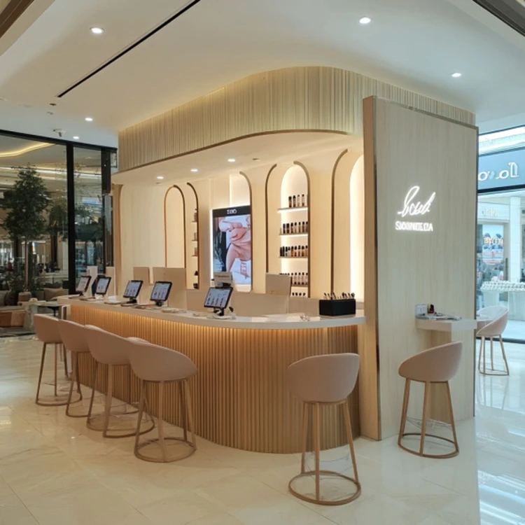 Elegant Nail Display Beauty Shopping Mall Press On Nail Polish Kiosk With Wall Cabinets Attractive Mall Booth Stand