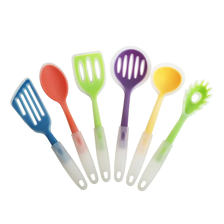 non-stick BPA free heat resistant 6 piece of silicone kitchen cooking tools set with transparent plastic handle