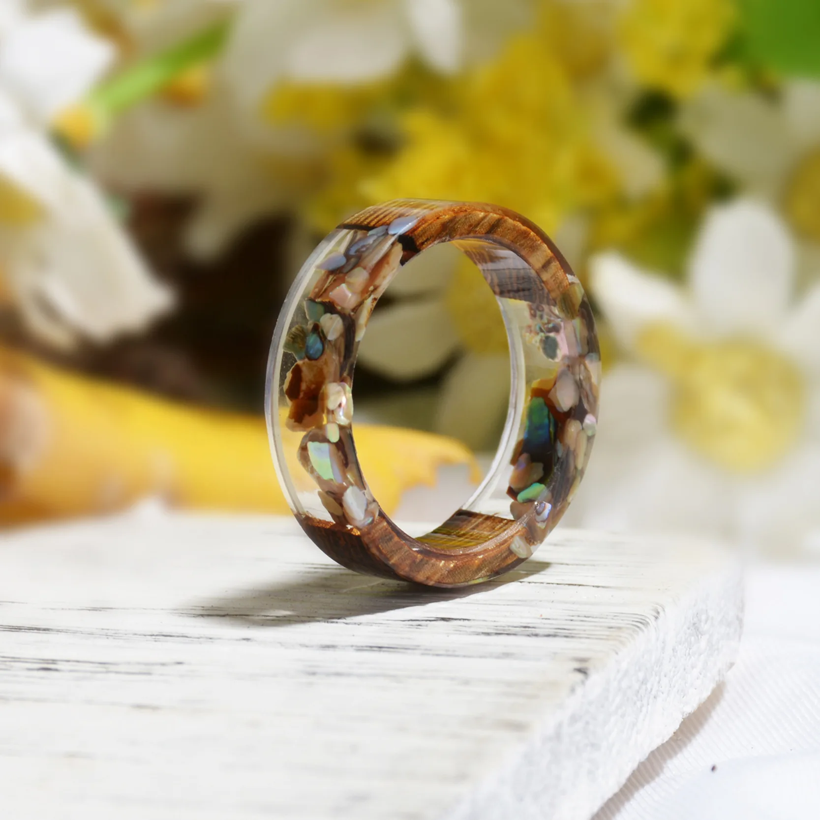 Women Men Party Wooden Round Rings For Men Vintage Clear Wood Resin Handmade Dried Flower Epoxy Rings Secrets Wood Ring Jewelry