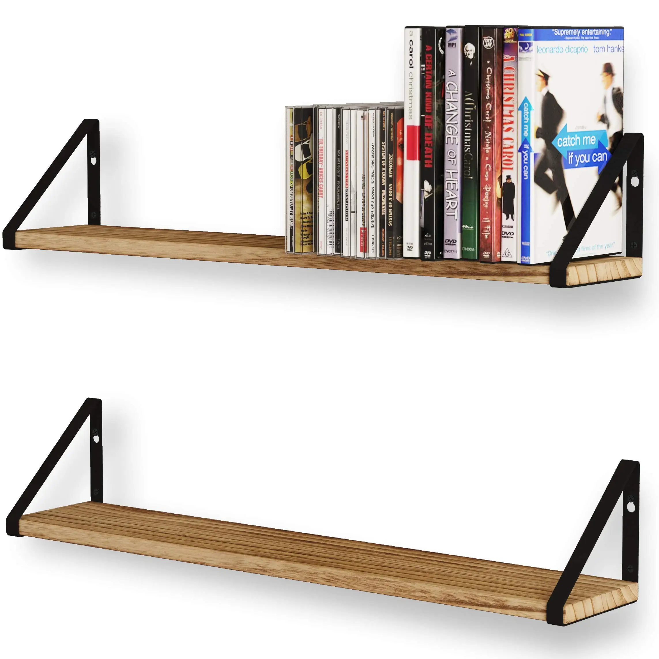 Natural Burnt Wood Floating Shelves Set of 2 Wooden Rack for Sundries Living Room Wall Decor and Book/DVD Storage Shelf