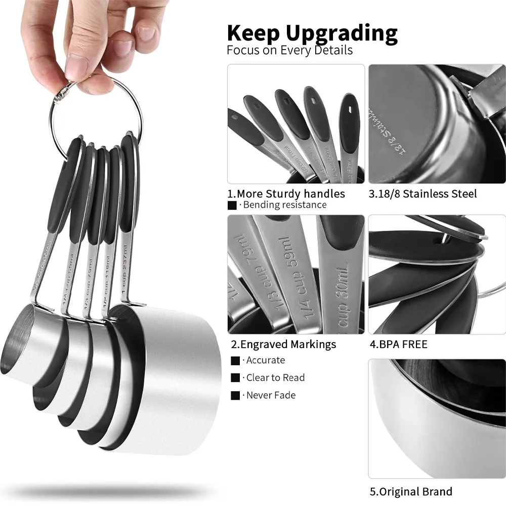 Custom stainless steel metal Kitchen cooking Measuring Cups and Spoons Set silicone handle . spoon cup of 6 30ml 250ml 5ml 2.5ml