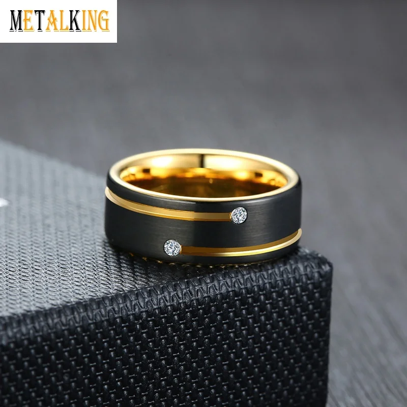 Duo Tone Tungsten Gemstone Rings 8mm Gold And Black Plated Wedding Band Cubic Zirconia Inlay