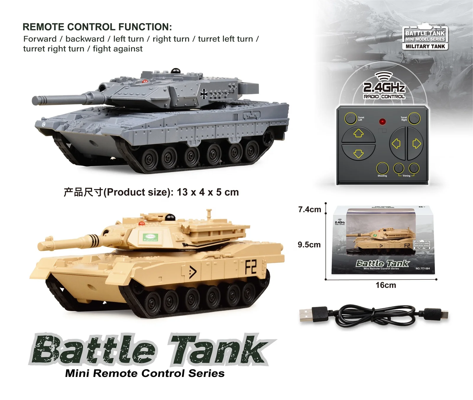 KK 2024 New 6 Functions Remote Control Tank Toy With Sound Light,Simulation 2.4Ghz RC Combat Battle Tank Car Toys For Boys Kids