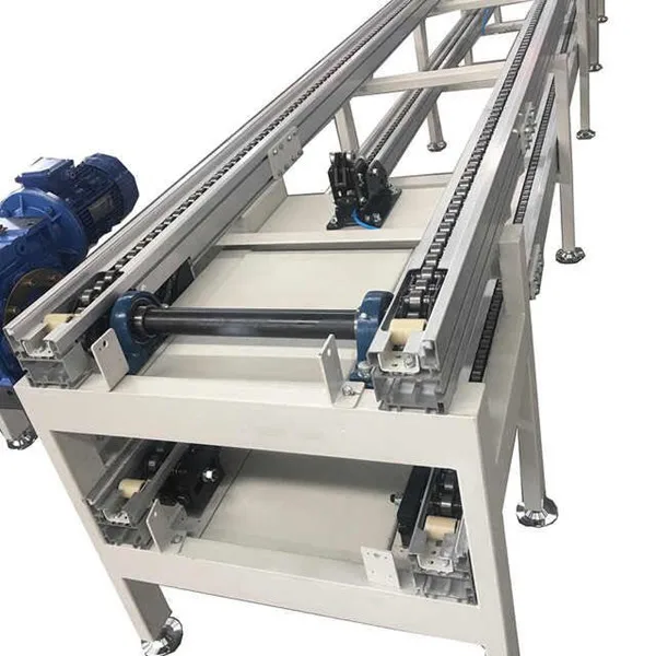 factory price anodized aluminum profile double layer pallet chain conveyor assembly line with cylinder blocking positioning