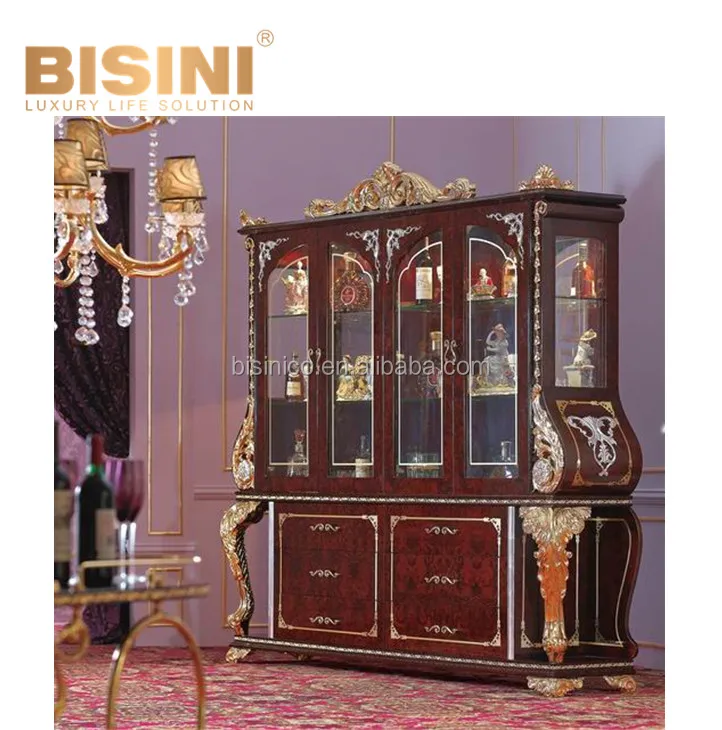 Vintage Design 24K Gilded 4-Door Wine Glass Display Cabinet, Italy Bronze Furniture Dinning Room Wooden Cupboard