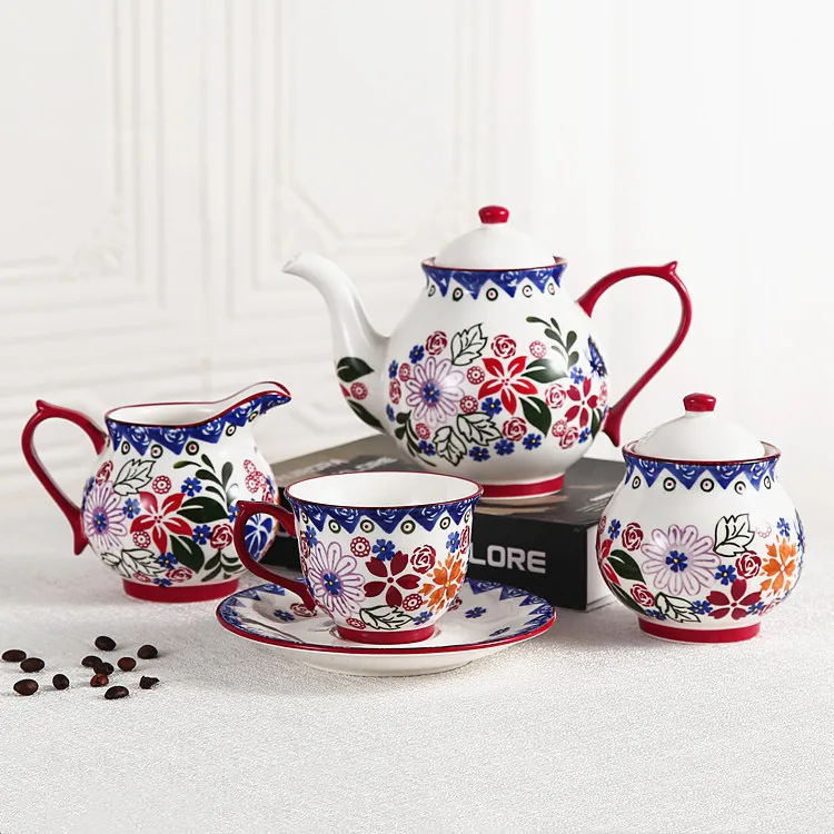 High Quality Porcelain Sugar Pot Milk Jug Tea Cups And Saucer Sets British Floral Ceramic Coffee Tea Set With Teapot