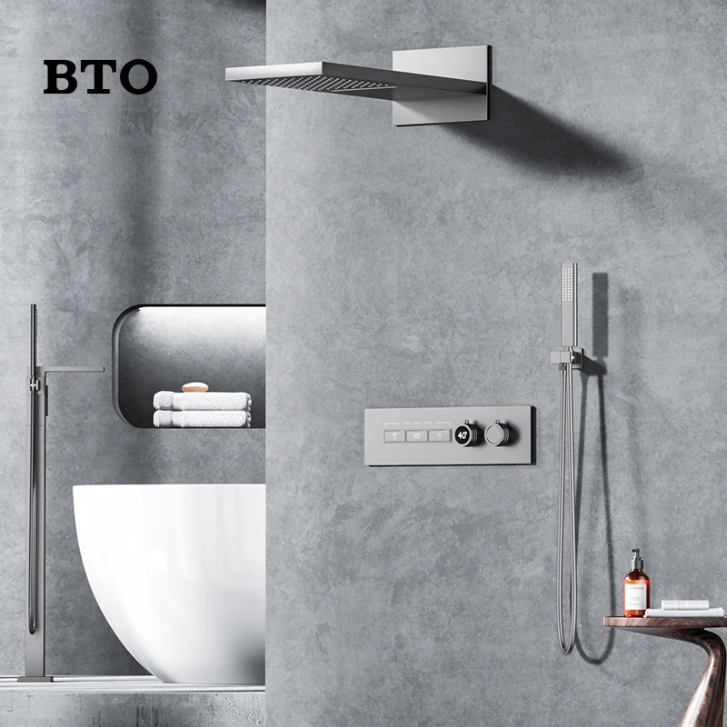 BTO Hotel Bathroom Luxury Rectangular Gun gray Full Copper Shower Concealed bathroom sets shower