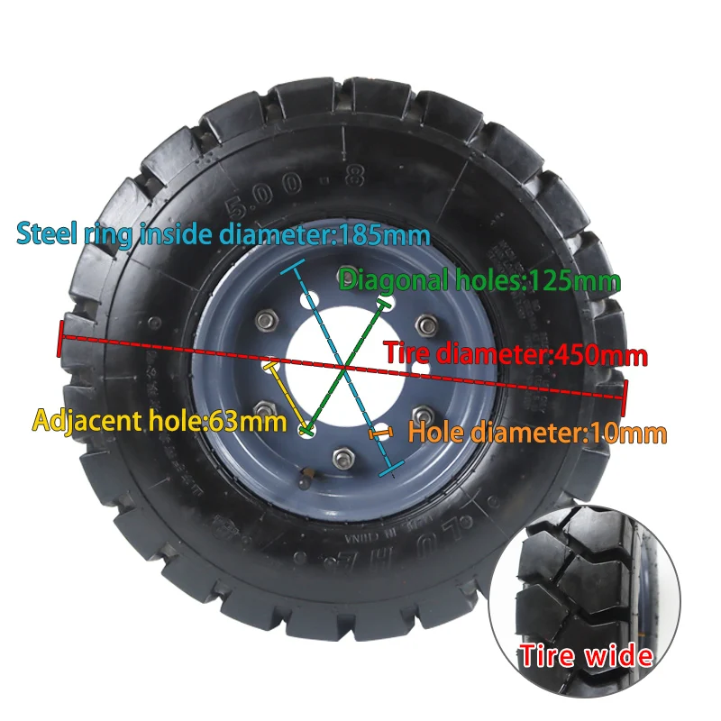 Cheap wholesale 8 inch 5.00-8 pneumatic tire assembly, anti-skid and wear-resistant, suitable for electric forklift