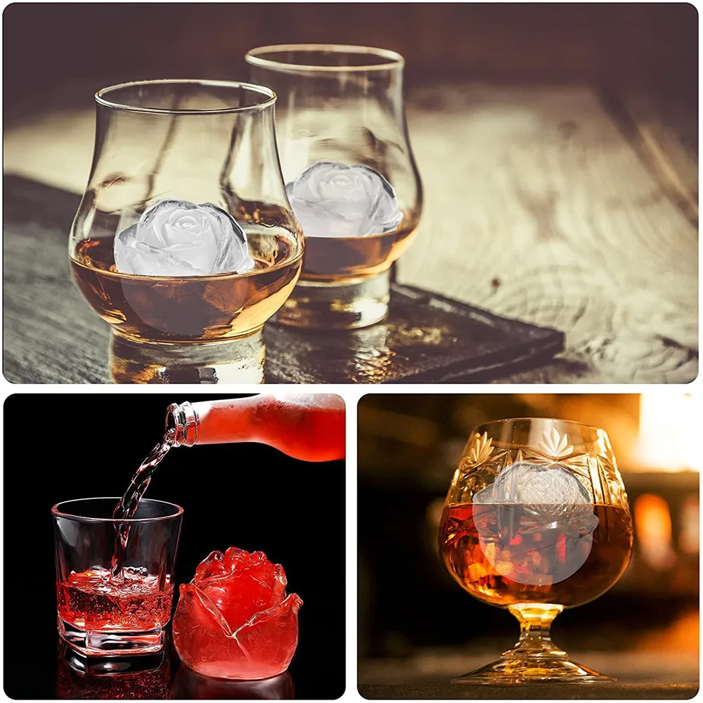 Wholesale Flexible Round Whiskey Ice Cube Tray BPA Free 4 Cavity Rose Shaped Silicone Ice Mold Maker for Homemade DIY