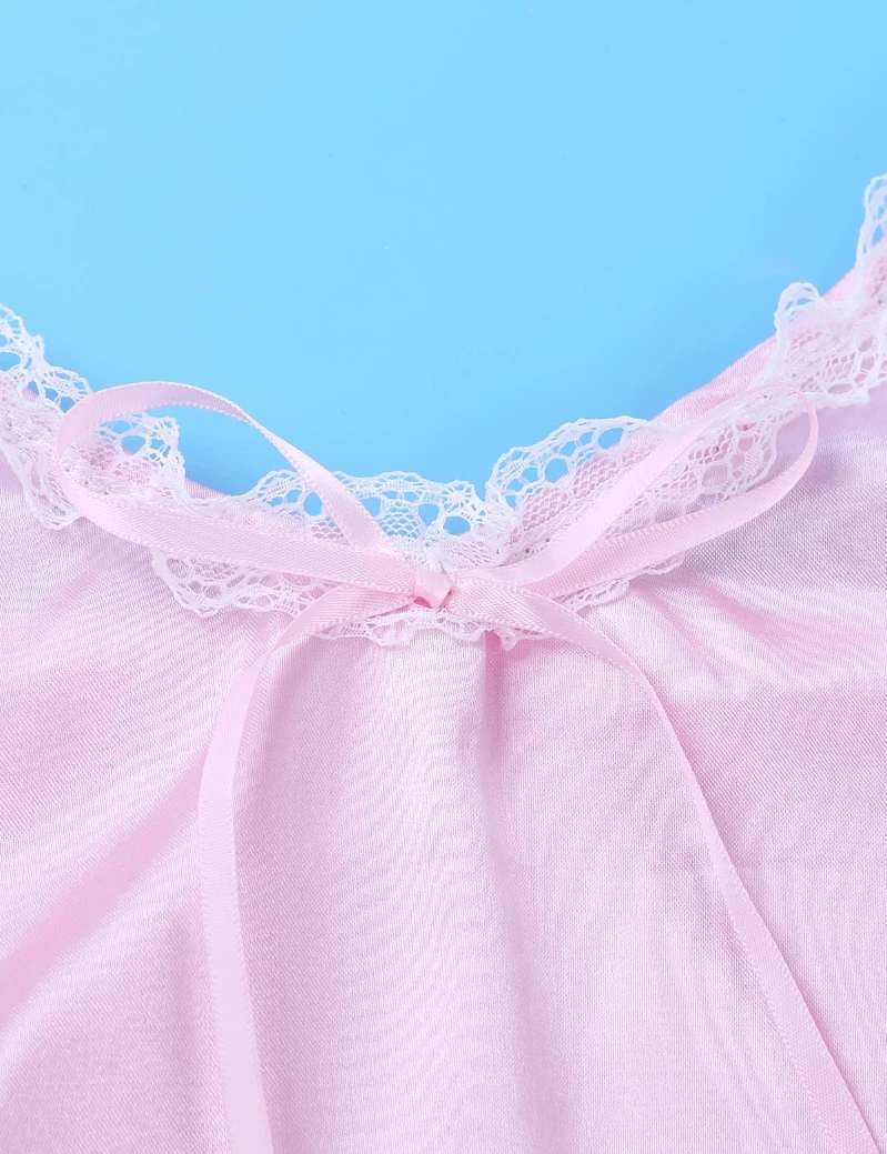 
Mens Lingerie Ruffled Lace Smooth Satin Adjustable Shoulder Straps Sissy Sleepwear Underwear Dress 