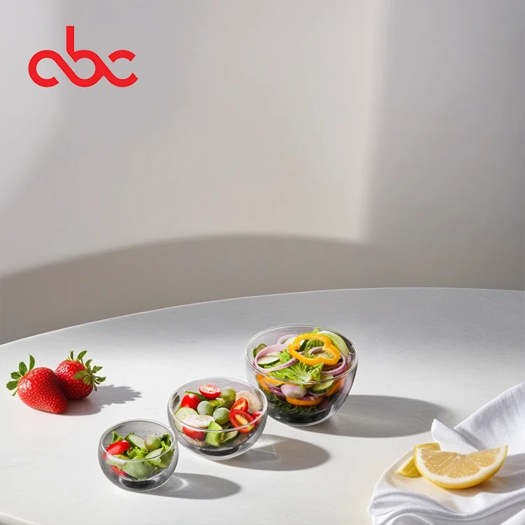 Hand Blown Heat Resistant Round Clear Double Wall Borosilicate Glass Fruit Salad Food Bowl For Home Restaurant Bar Kitchen