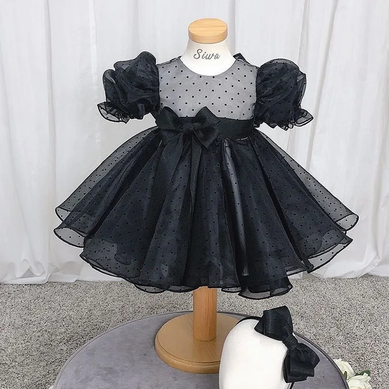 Children Black Prom Gown Polka Dots Bubble Sleeve Bow Princess Puffy Dresses Toddler Baby Girls Birthday Dress For Kids