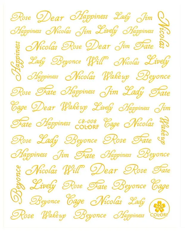 CB001-010 самоклеящиеся наклейки для ногтей, золото, серебро, черный и белый высокого качества с узором в виде букв для ногтей наклейки