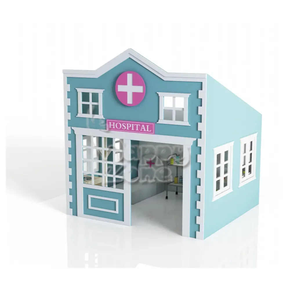 Customized kid hospital bank role play house indoor playground equipment for mini town role playing game house toys for children