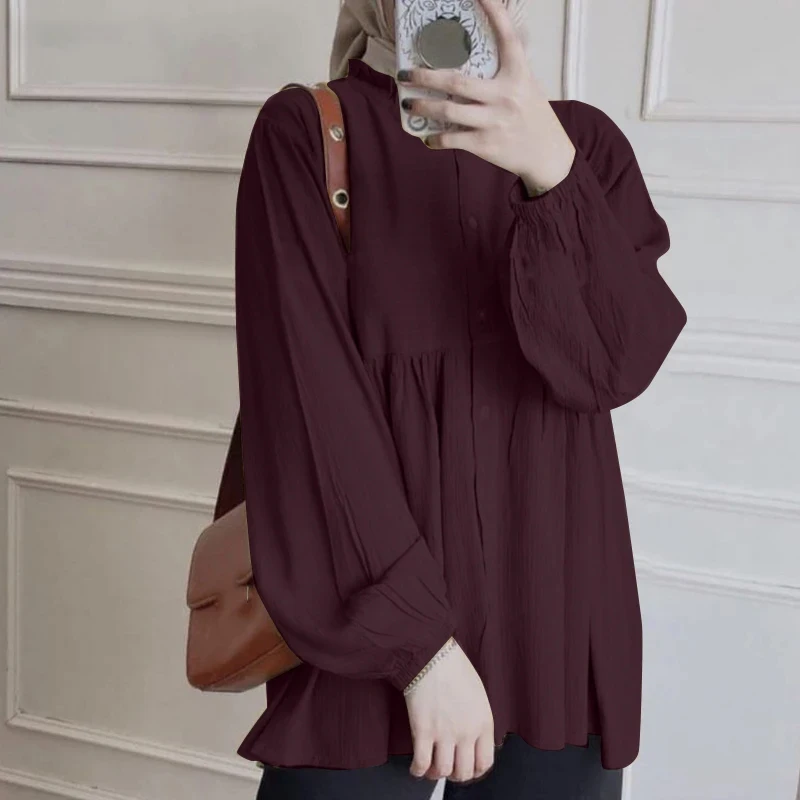 Casual Loose Shirt Ruffles Hem Islamic Clothing Abaya Kaftan Fashion Muslim Tops Femme Solid Color Long Sleeve Blouse