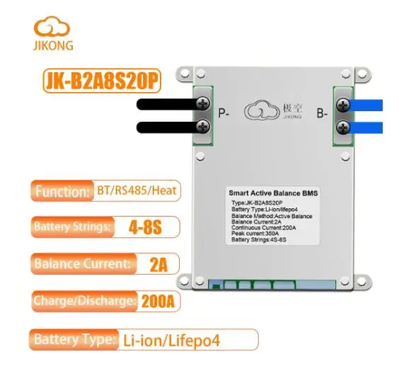 JK SMART BMS Lifepo4 Battery JK-B2A8S20P 4S 8S 200A 12V 24V 2A Active Balance Li-Ion 18650 Camping Battery Storage Ebike Jikong