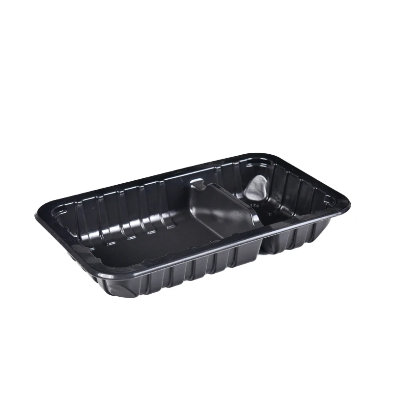 Lesui eco friendly 2 compartment black MAP food sealing tray vacuum fresh meat food packaging trays with high barrier lidding fi