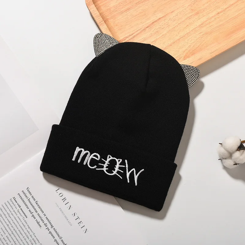 Cat Ears Embroidery Beanie Warm Animal Shape Letters Embroidered Winter Pattern Skull Cap for Running Sports Travelling