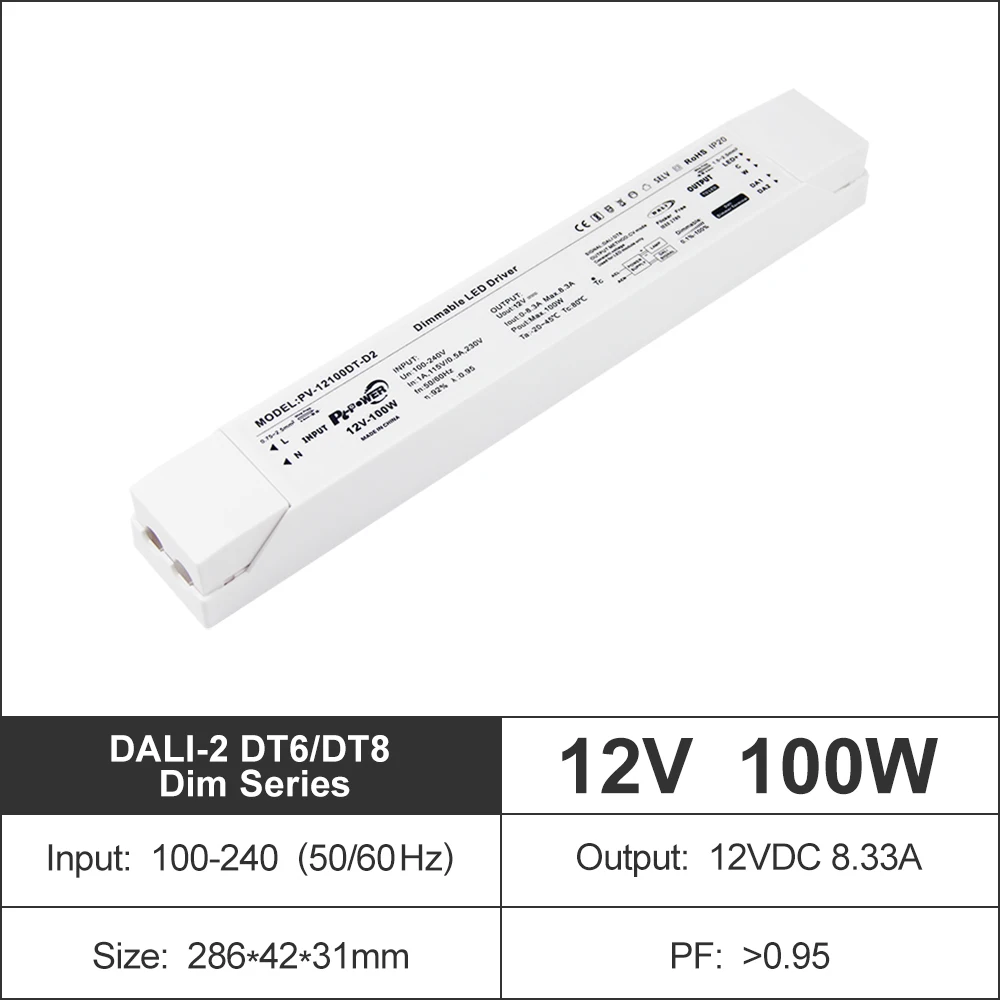 DALI DT8 Dimming 100W 12/24V White Plastic Shell 100-240V Constant Voltage DALI Dimmable LED Driver for Office LED Lighting