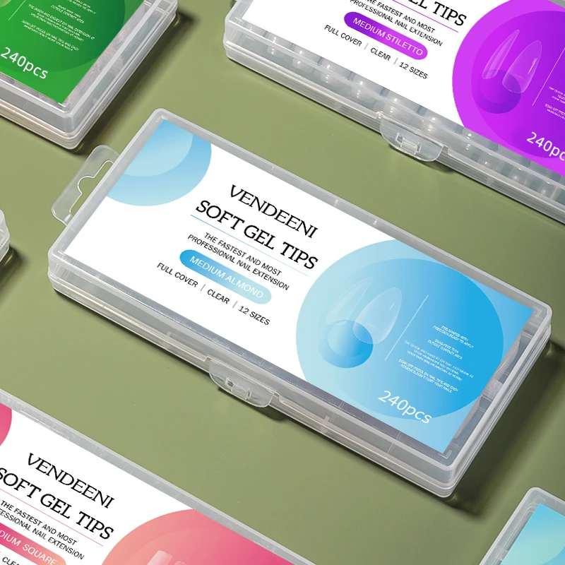 Acrylic Soft Gel Tips Full Cover OVAL MEDIUM 240 PCS Gel False Clear Extra Long Private Label Press on Nail Tips with Box