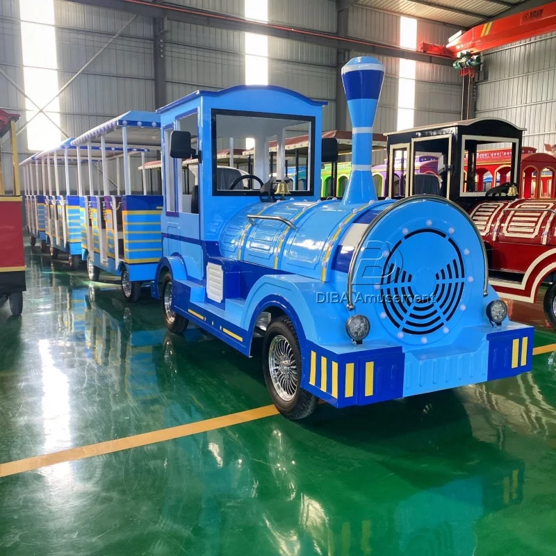 Tourist attractions Family Rides Electric leisure blue trackless train for sale