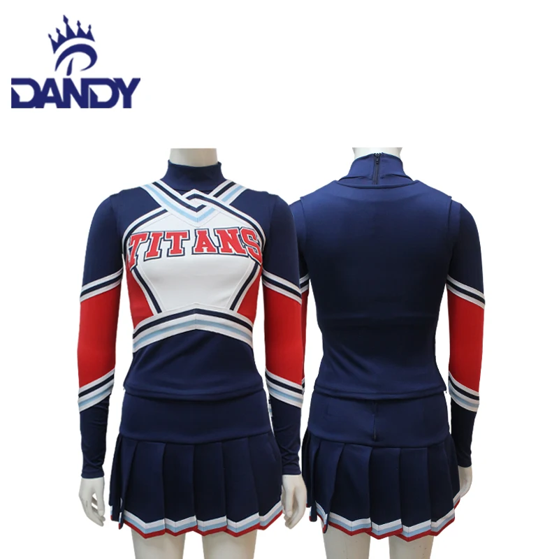 Custom dandy youth shell top pleated skirt navy blue red cheer uniform cheerleading uniforms