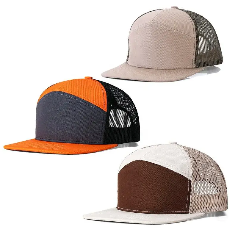 In stock popular hot sale unisex blank colorful two tones cotton flat brim sport trucker hats blank 7 panel snapback custom hats