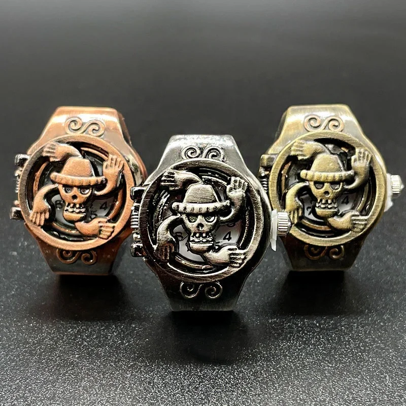 Hot vintage punk Anime One Piece Finger Ring Watch Dial Quartz Analog Elastic Watchband Luffy Skull men Mini rings watch