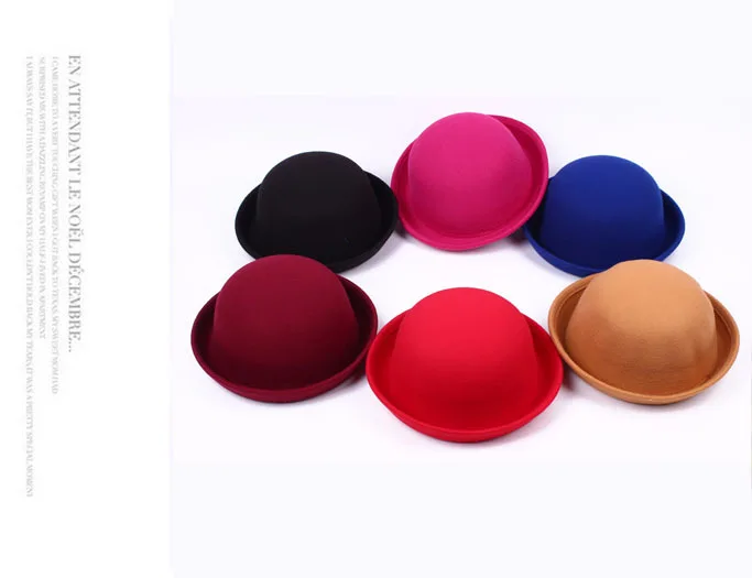  Autumn Winter Trendy Derby Fedora Bucket Hat Classic Wool Dome Round Bowler Hats with Roll-up Brim for Youth