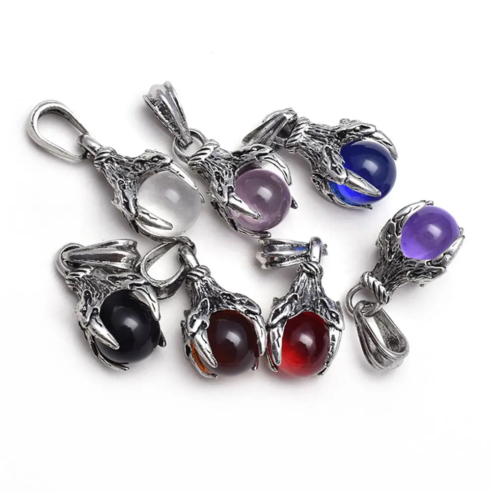 Punk Rock Titanium Steel Dragon Claw Crystal Ball Pendant Necklace 18inch Black Cord Natural Gemstone Chakra Jewelry