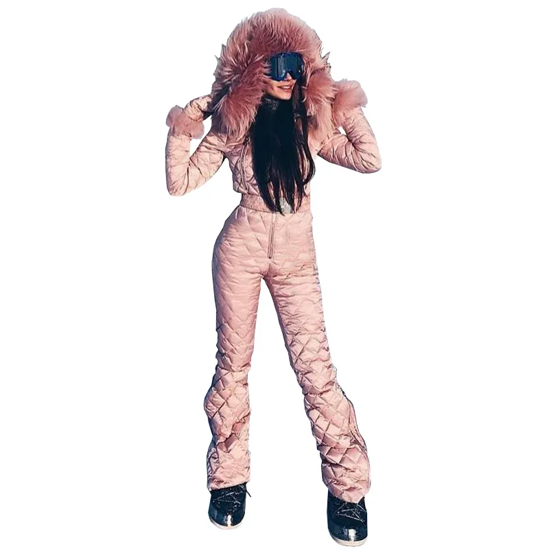 Зима 2020 новый теплый хлопковый костюм с капюшоном и меховым воротником спортивные штаны для улицы комбинезон женский лыжный