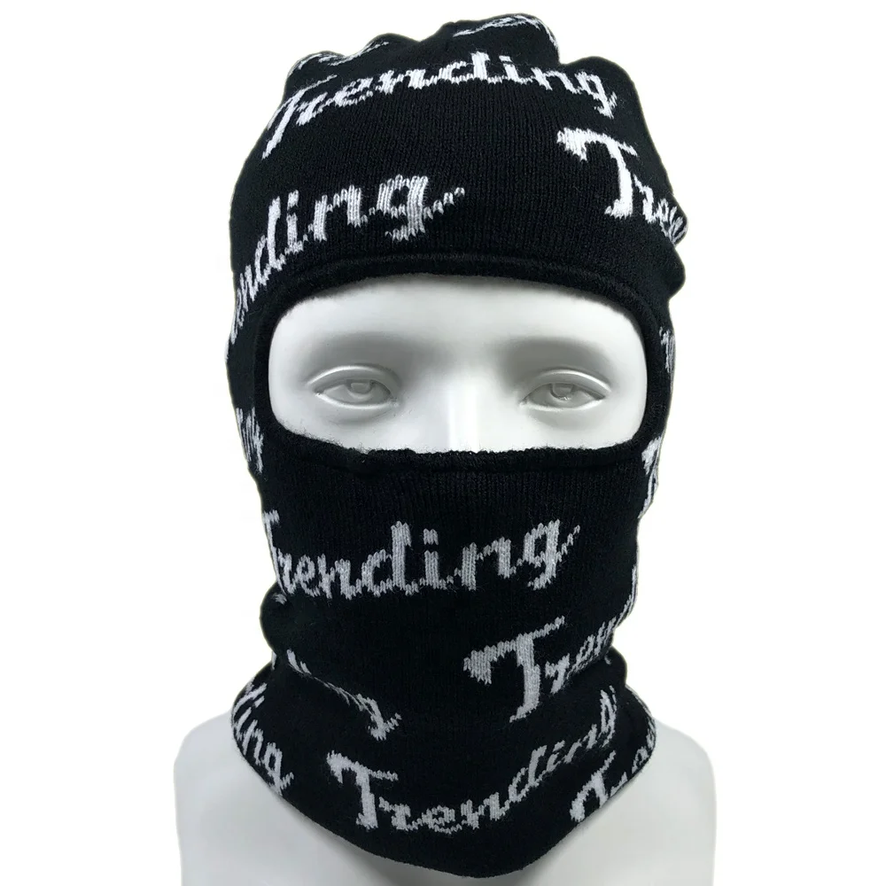 OEM acrylic winter warm one hole knit balaclava beanie hat custom logo all over ski mask