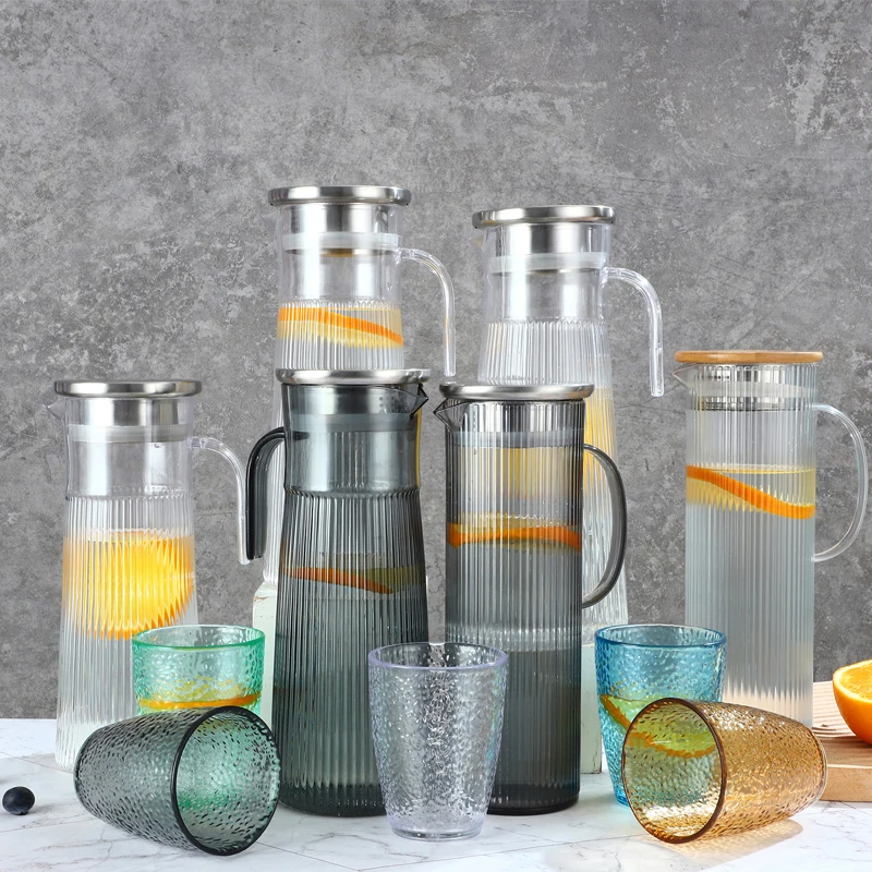 Factory Price 1000ml Household Vertical Stripe Glass Cold Water Lemon Tea High Capacity Heat-proof Bottle