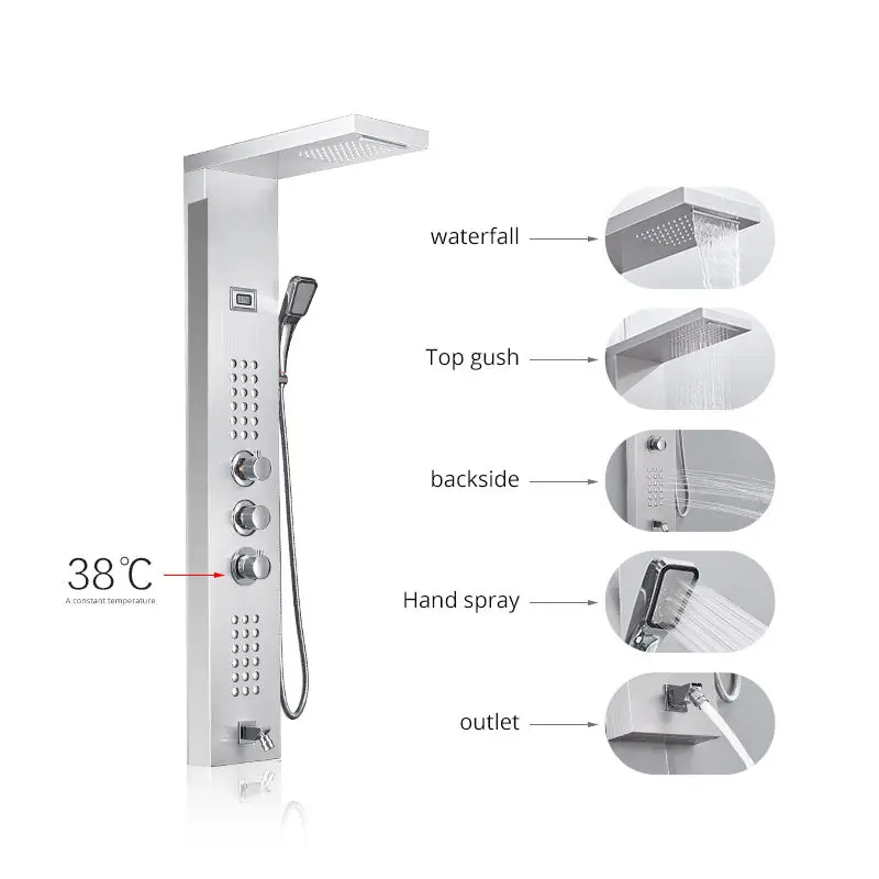 Wall Mount Bathroom Rain Head Shower Column Panel Faucet Tap Thermostatic Digital Display Mixer Shower Set