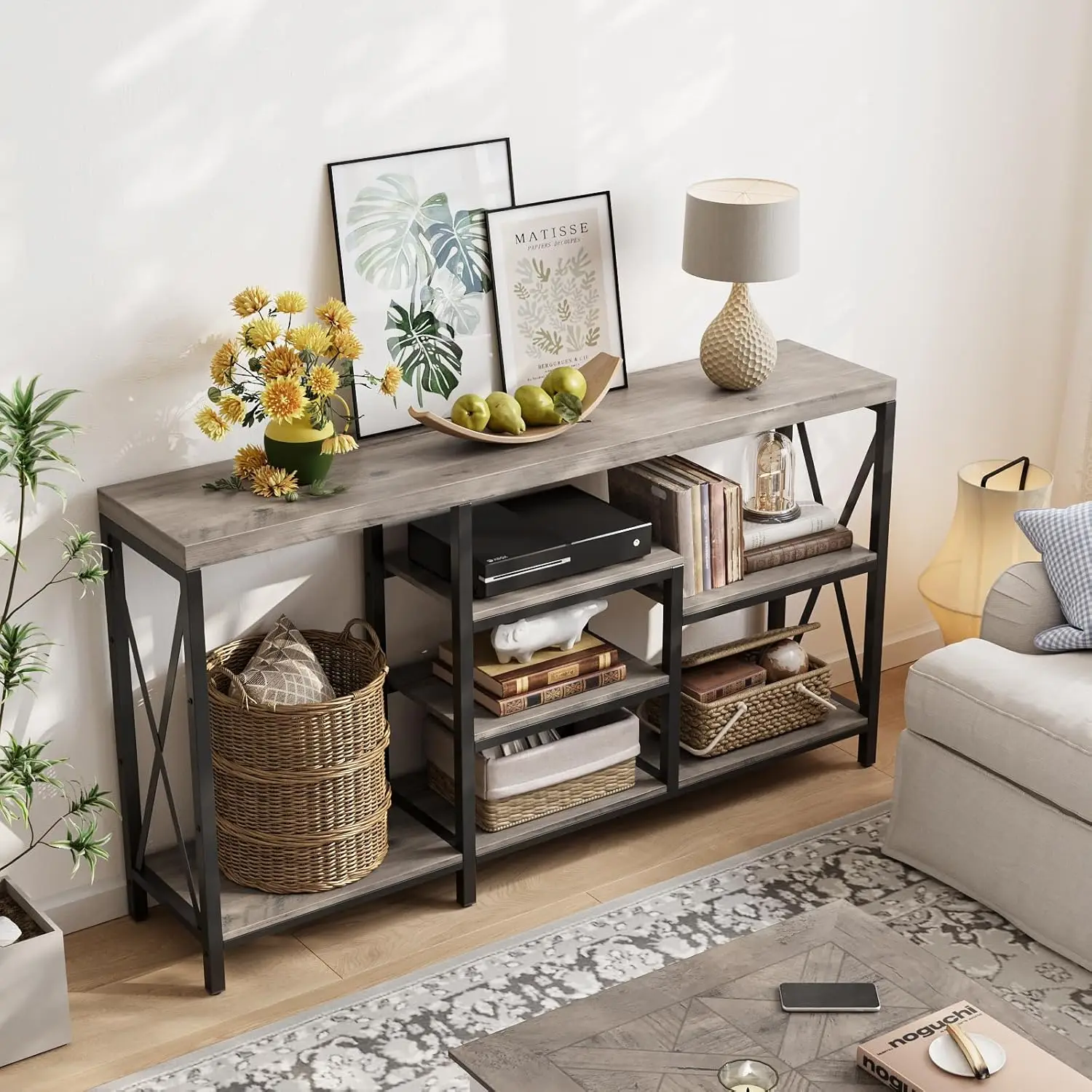 Entryway Hallway Bookshelf Storage Shelves Living Room Couch Industrial Style Grey Narrow Sofa Table Console Tables