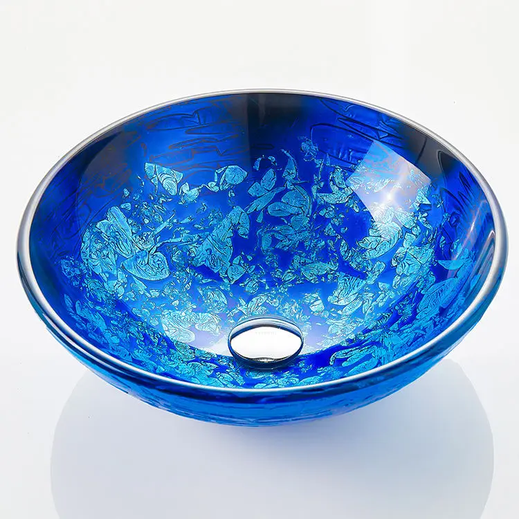 Luxury bathroom round blue vessel sink glass wash hand basin sanitary ware washbasin sink