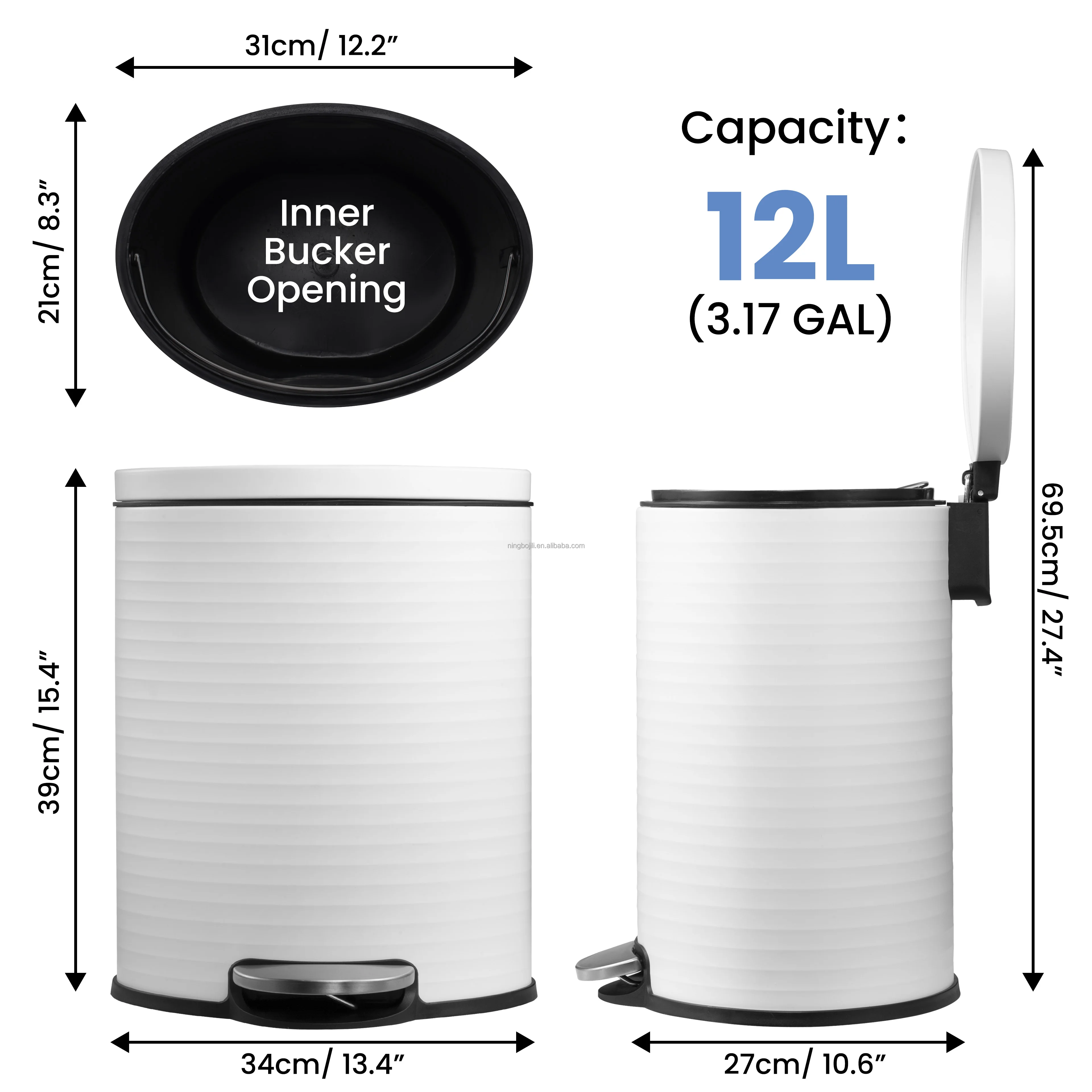 JILI 12L Easy to Install Spraying White Trash Can Fully Enclosed Design 24 Hour Odor Isolation Dustbin for Home Office Kitchen