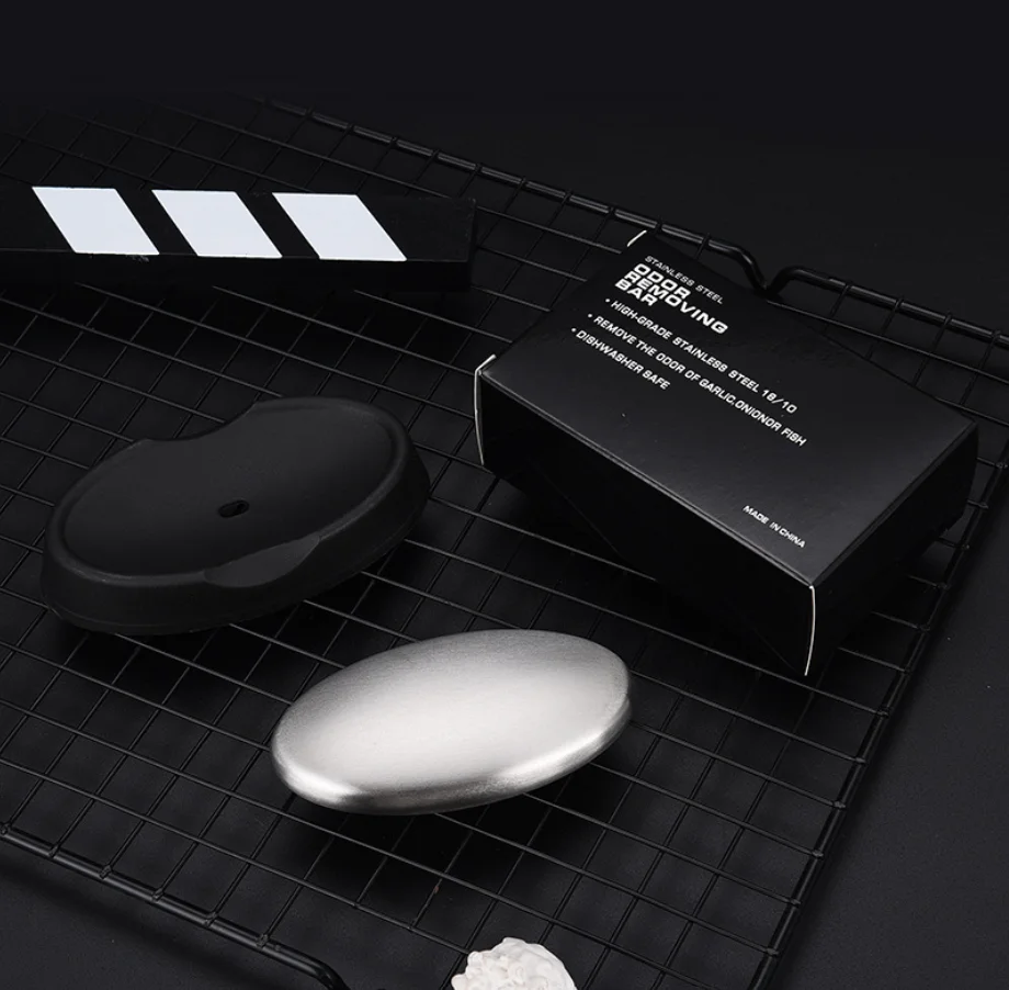 Stainless steel Soap Kitchen Bar Eliminating Odor Remover Garlic Deodorize Magic Soap Cleaning Hand Soap black Base Oval Shape
