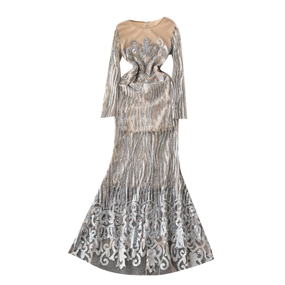 Elegant Bronzing Long Sleeve Floor Length  Womens Dresses Formal Sequins Women Evening Gown Dresses