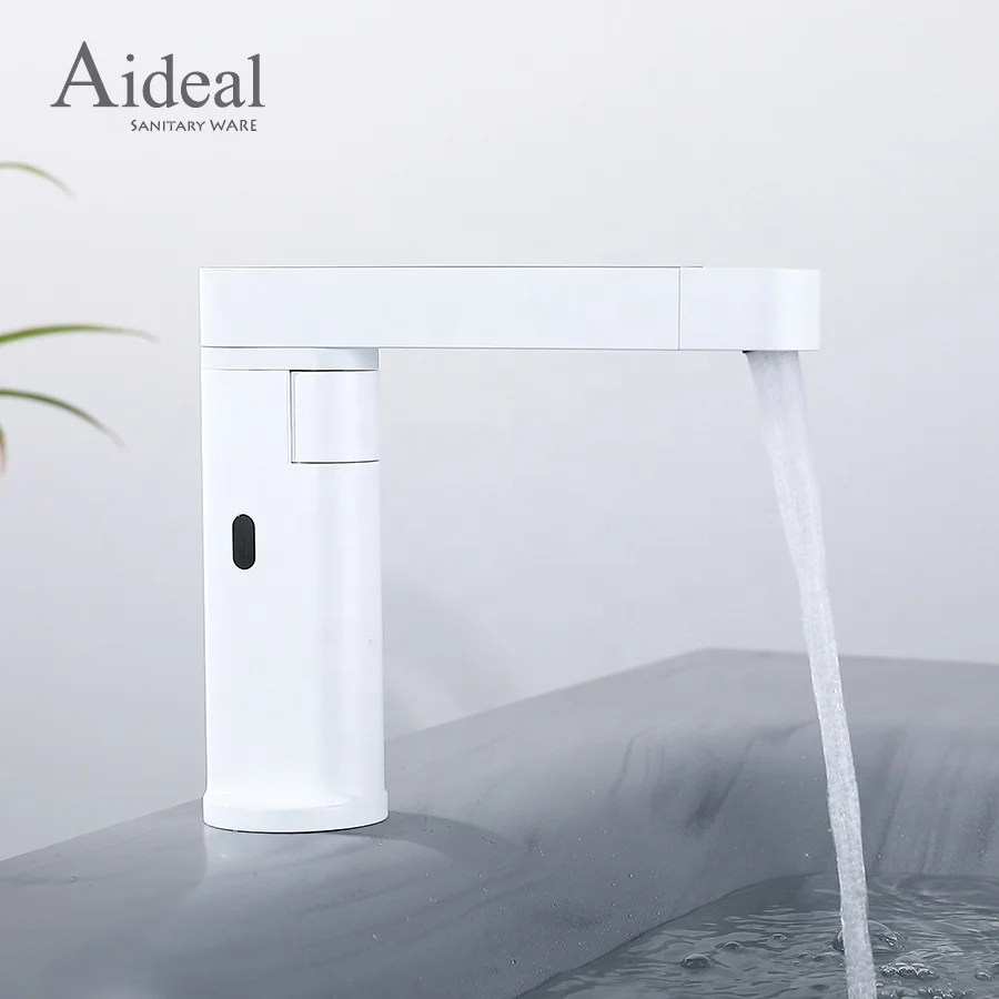 Aideal stylishly designed double control pure white 360 rotating pull out bathroom basin faucet with sensor