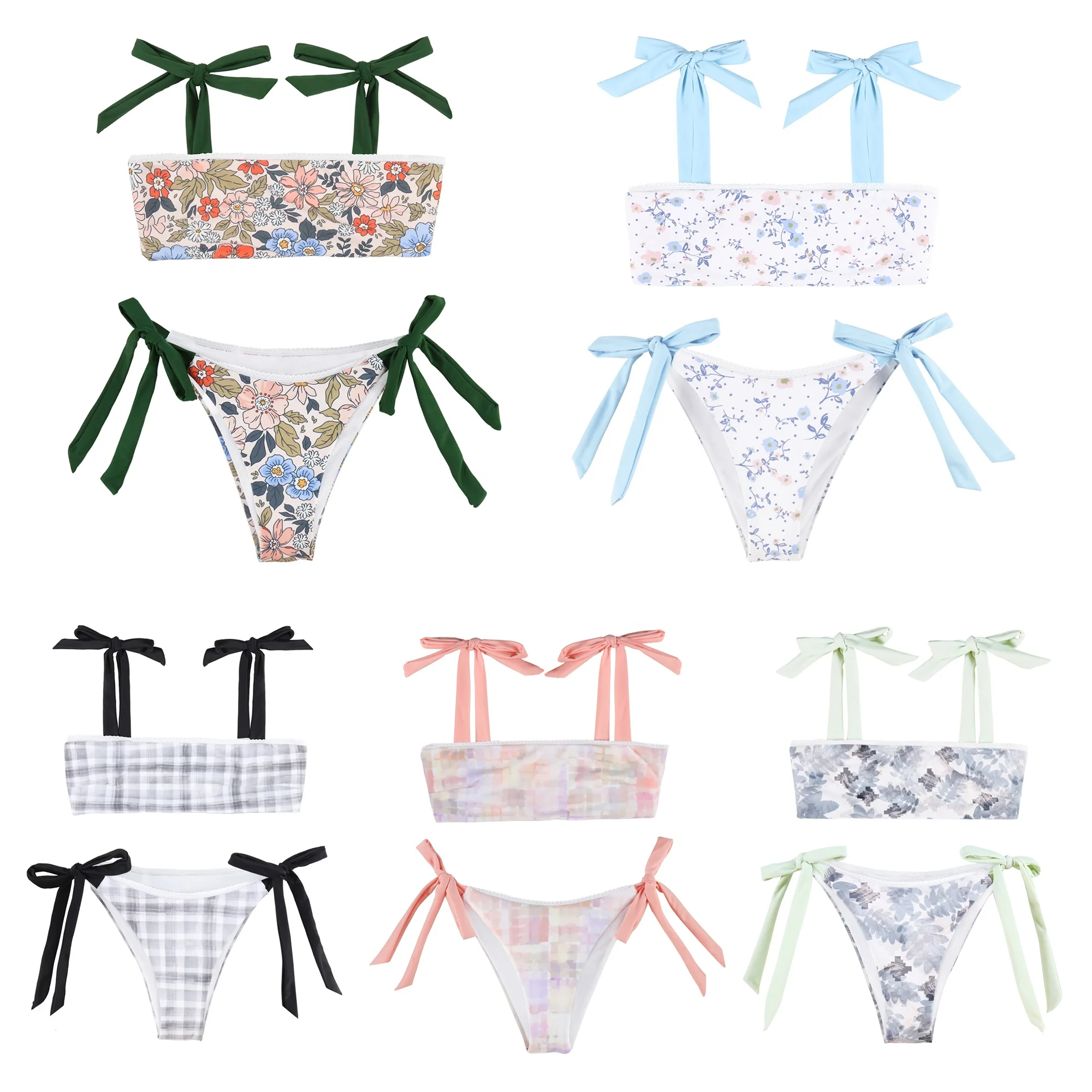 Hot Spring Beachwear Lace Side Bandeau Style Lace Up Bikini Set Bathing Suit Print Swimsuits Custom Logo Swimwear XXL