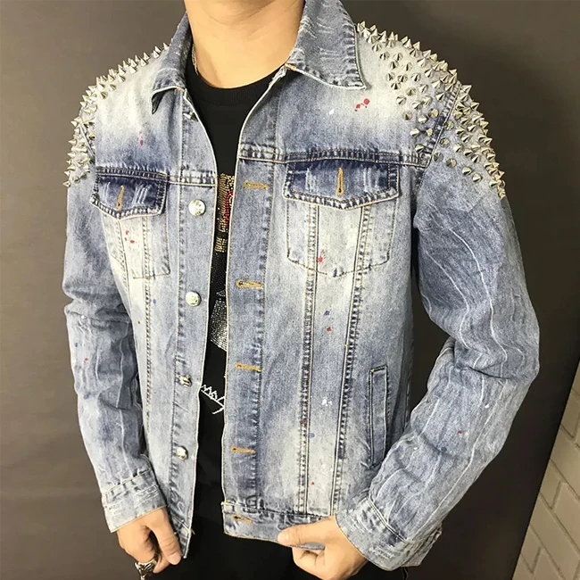Men Streetwear Manufacturer Custom Logo Fashion Casual High Street Ripped Distressed Rivet Rhinestone Denim Jacket
