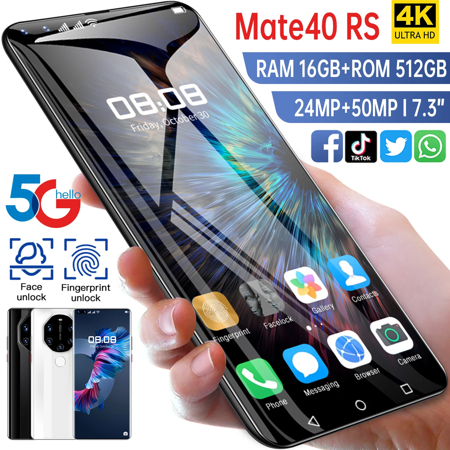  Высокая конфигурация Mate40 RS MTK6889 + 10-ядерный 16GB 512GB 24MP 50MP 7 3 дюймов HD левый отверстие-экрана 6800 мА/ч android11.0