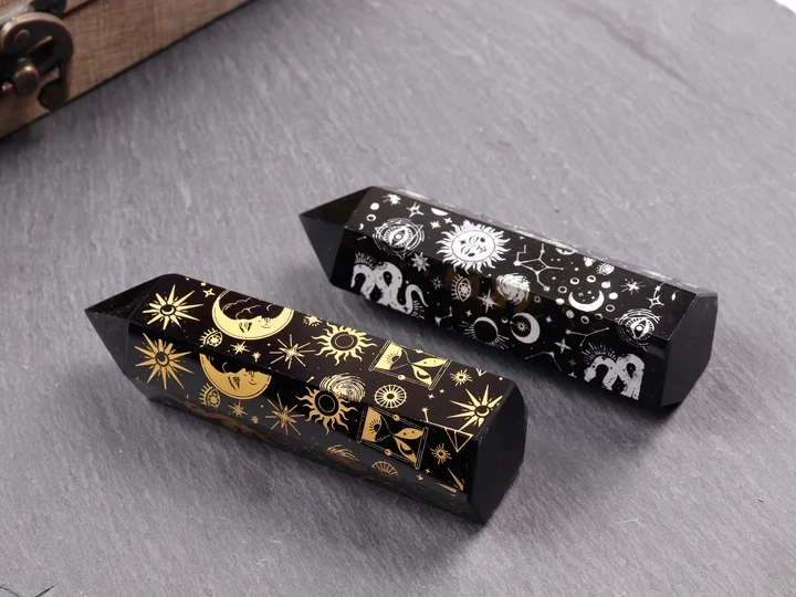 Natural Obsidian Crystal Wand Plated With Gold Star Moon Pattern Point Wand Healing Stone Energy Quartz Home Decoration Reiki